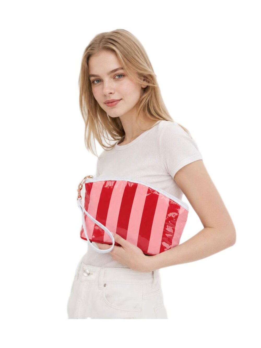 Tigerstars Pink Red Striped Cosmetic Wristlet Pouch Bag